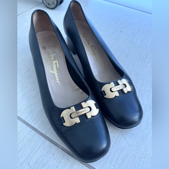 Salvatore Ferragamo Shoes - Salvatore Ferragamo Black Heels with Gold Accent